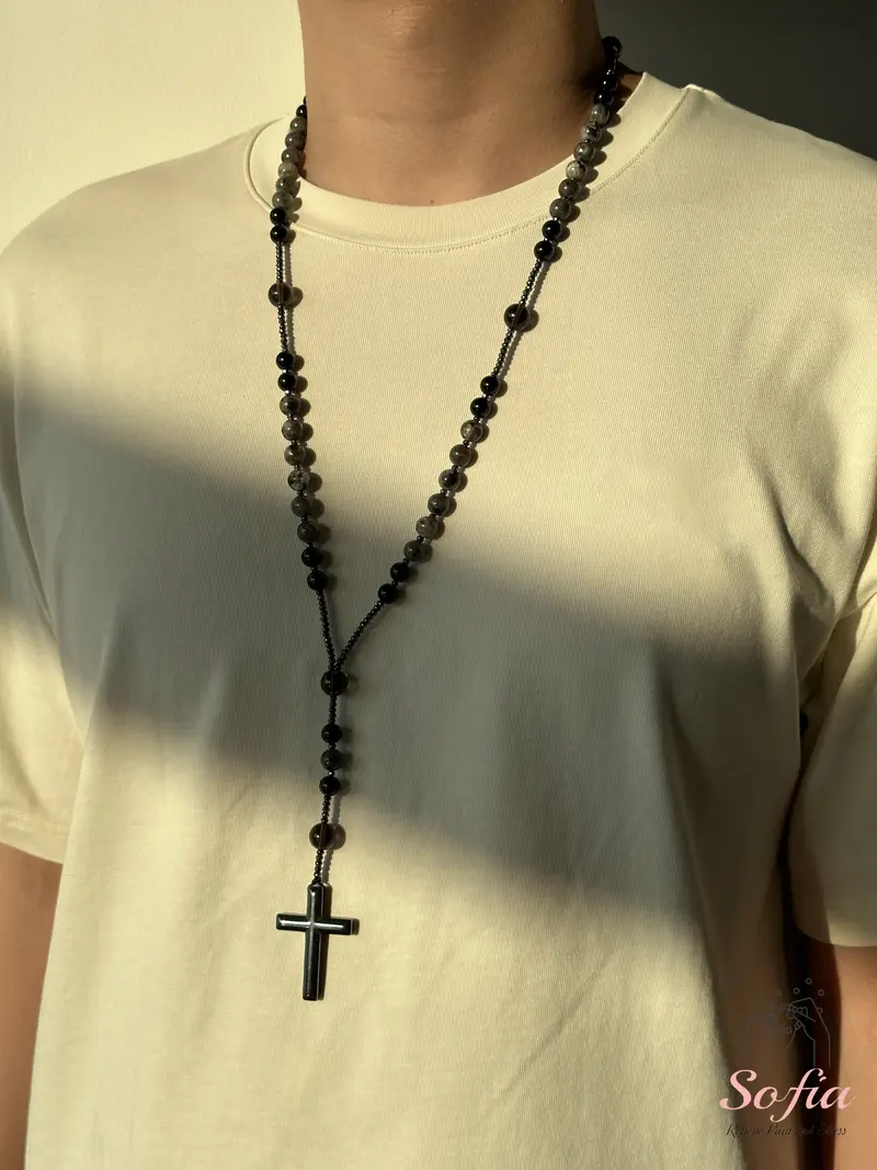 Natural Obsidian Yooperlite Rosary Necklace, UV Reactive Energy Protection Crystal