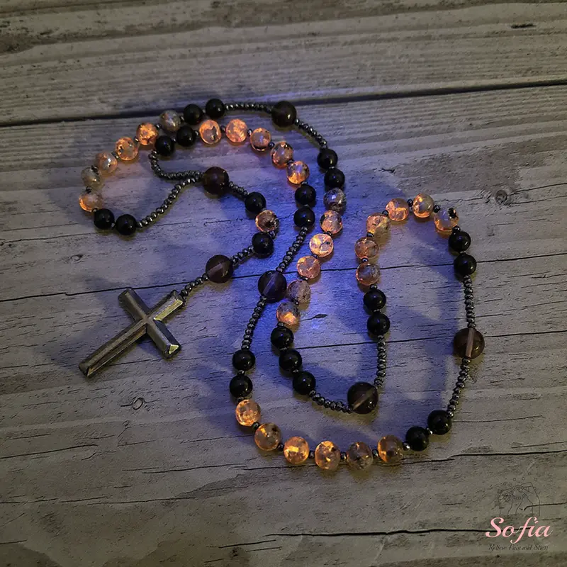 Natural Obsidian Yooperlite Rosary Necklace, UV Reactive Energy Protection Crystal