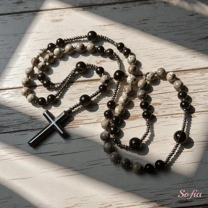 Natural Obsidian Yooperlite Rosary Necklace, UV Reactive Energy Protection Crystal
